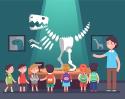 Group Of Kids Watching Tyrannosaurus Dinosaur Skeleton At Archeology Museum Excursion With A Teacher. School Or Kindergarten Students On Filed Trip. Modern Flat Style Vector Illustration Cartoon.
