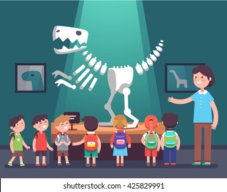 Group of kids watching tyrannosaurus dinosaur skeleton at archeology museum excursion with a teacher. School or kindergarten students on filed trip. Modern flat style vector illustration cartoon.