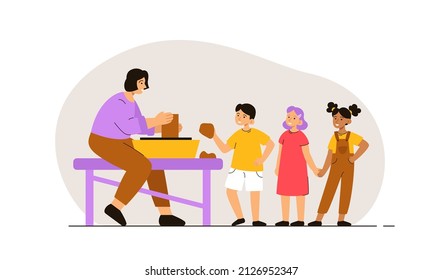 Group Of Kids Watching Woman Creating Pottery On Potters Wheel In Studio. Workshop, Creative Hobby And Art Therapy Concept. Modern Flat Vector Illustration