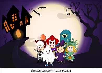 Group of kids wear ghost and monster costume then walk to castle. Concept for template of invitation card, poster or banner for Halloween in vector illustration