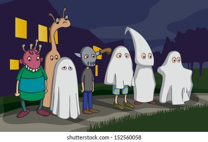 Group of kids wearing different costumes, celebrating Halloween in the streets. Cartoon.