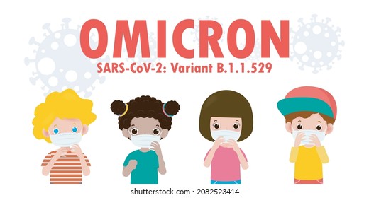 Group of Kids wearing face mask in panic from particles of Omicron 21 Covid variant B.1.1.529. Coronavirus spreading on south africa isolated on white background vector illustration