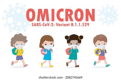 Group of Kids wearing face mask go to school in panic from particles of Omicron 21 Covid variant B.1.1.529. Coronavirus spreading on south africa isolated on white background vector illustration