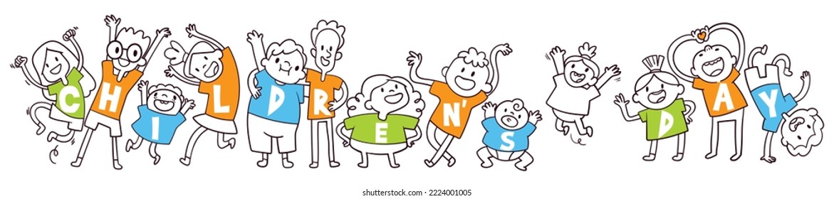 A group kids and the words their T  shirts    International Children's Day  Template for children design  Colorful cartoon characters  Funny vector illustration  Isolated white background