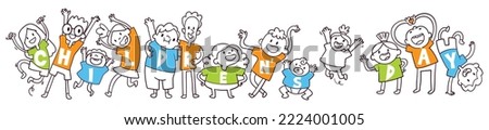 A group of kids with the words on their T-shirts - International Children's Day. Template for children design. Colorful cartoon characters. Funny vector illustration. Isolated on white background