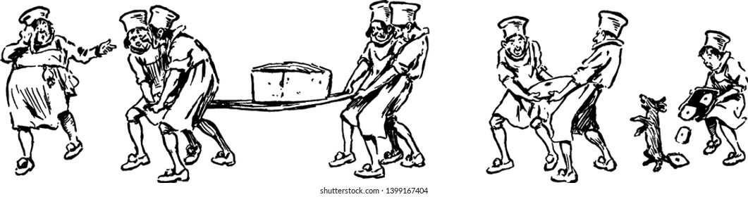 Group of kitchen staff carrying large quantity of food, vintage line drawing or engraving illustration