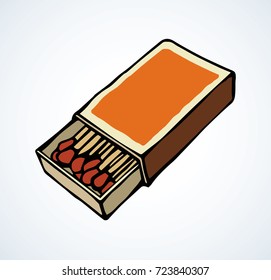 Group of kitchen sulphur-head match set for fiery bonfire on light backdrop. Freehand line black ink hand drawn logo sketchy in art retro scribble style pen on paper. Closeup view with space for text