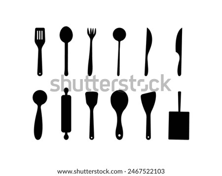 Group of Kitchen Utensils Silhouette isolated white background. Vector Illustration