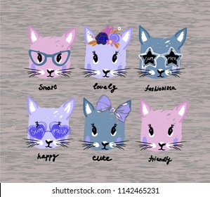 group of kitties faces in sunglasses, bow and wreath. kids print or illustration on light gray melange background