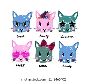 group of kitties faces in sunglasses, bow and wreath. kids print or illustration