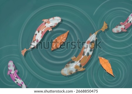 a group of koi fish in a pond with dry leaves floating on the surface of the water