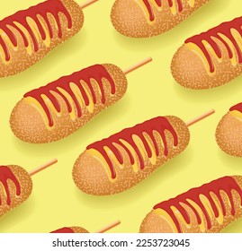 Group of Korean street food, Corn dog. Sausage in dough on a stick with ketchup and mustard.