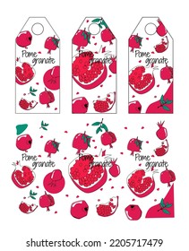 Group of label and print for pomegranate fruit flavor. Doodle style illustration with doodle pomegranate mark. Vector illustration isolated on white background.
