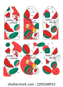 Group of label and print for watermelon fruit flavor. Doodle style illustration with doodle watermelon mark. Vector illustration isolated on white background.