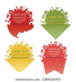 Group of labels combining floral elements and simple shapes. Flower silhouettes are arranged in a circle as the sunbeams. Elegant labels, banners, or stickers for any herbal products.