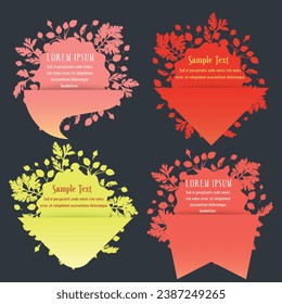 Group of labels combining floral elements and simple shapes. Flower silhouettes are arranged in a circle as the sunbeams. Elegant labels, banners, or stickers for any herbal products.