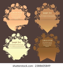 Group of labels combining floral elements and simple shapes. Flower silhouettes are arranged in a circle as the sunbeams. Elegant labels, banners, or stickers for any herbal products.