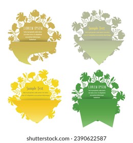 Group of labels combining floral elements and simple shapes. Flower silhouettes are arranged in a circle as the sunbeams. Elegant labels, banners, or stickers for any herbal products.