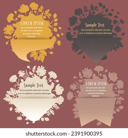 Group of labels combining floral elements and simple shapes. Flower silhouettes are arranged in a circle as the sunbeams. Elegant labels, banners, or stickers for any herbal products.