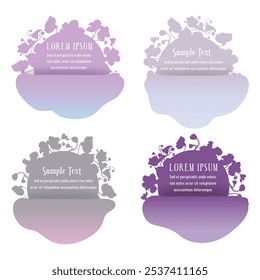 Group of labels combining floral elements and simple shapes. African violet flower silhouettes are arranged in a circle as the sunbeams. Elegant labels, banners, or stickers for any herbal products.