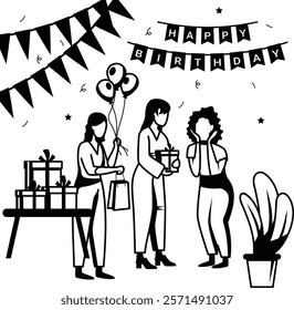 Group of Ladies Enjoying Birthday vector design, special anniversary events card, Cheers to another year banner, indoor Party People illustration, Lady Boss Presenting the Gift to Her Employee concept