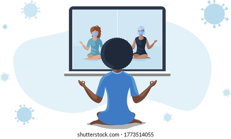 Grupo de mujeres en clase online de meditación, webinar vectorial, práctica en línea, ilustraciones femeninas