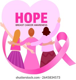 Group of ladies in pink cheering and hugging. Pink ribbon and heart shape. Breast cancer awareness. Vector illustration.
