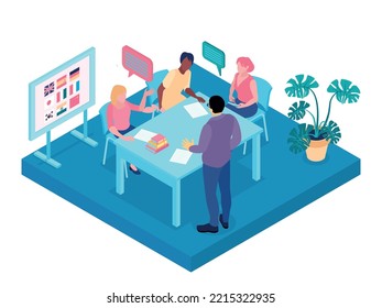 Group language training isometric composition with teacher and adult people characters learning foreign language together vector illustration