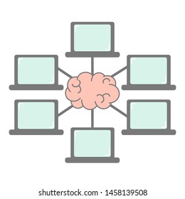 group of laptop connection and brain network communication and webinar concept vector illustration