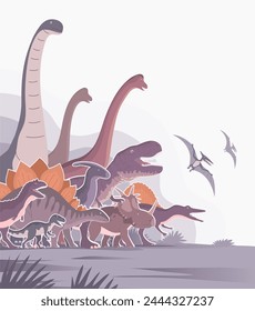 Group of large dinosaurs. T rex, brachiosaurus, stegosaurus. Jurassic animals. Children toys, attraction and entertainment park. Cartoon vector illustration