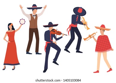 Group of Latin musicians. Set of men in sombreros playing instruments, woman dancing with tambourine. Show concept. Vector illustration can be used for topics like fiesta, Mexico, party