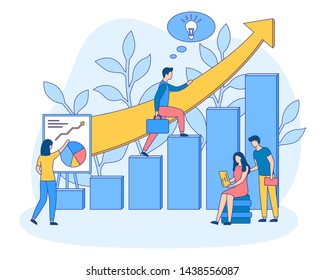 Group leader climbs up the career ladder or study. People team or students group reading, make diagram projects, learning. Business Growth banner. Startup design poster. Creative vector illustration