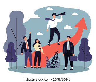 Group leader with spyglass looking far away. Business team standing near increase chart. Vector illustration for leadership, challenge, training, planning concept