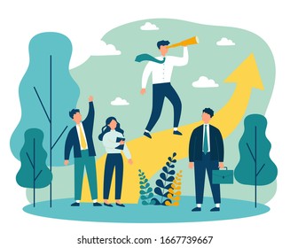 Group leader with spyglass looking far away. Business team standing near increase chart. Vector illustration for leadership, challenge, training, planning concept