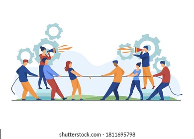 Group leaders shouting at megaphone. Teams playing tug-of-war, pulling rope with golden cup flat vector illustration. Competition, contest concept for banner, website design or landing web page