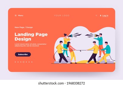 Group leaders shouting at megaphone. Teams playing tug-of-war, pulling rope with golden cup flat vector illustration. Competition, contest concept for banner, website design or landing web page