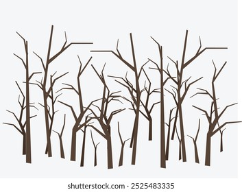 Eine Gruppe von blattlosen Baum-Silhouetten mit nackten Zweigen. Ideal für winterliche Designs, Naturillustrationen oder unheimliche Landschaften, die Ihrem Projekt ein krasses und stimmungsvolles Gefühl verleihen.