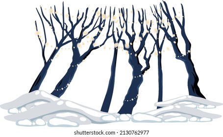 Group of leafless trees with holiday lights and snow ground illustration