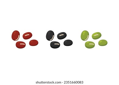 Group of legumes (black beans, red beans and green beans) isolated on white background. Flat style vector illustration.