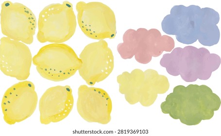 Group of lemons and colorful clouds hand drawn watercolor art