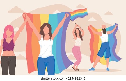 group of lesbians with lgbtq flags characters