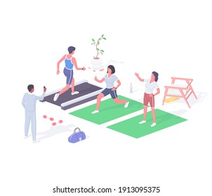 Group lesson in fitness center isometric illustration. Female characters do gymnastics on mats warm up treadmill. Male trainer adjusts load over time. Healthy lifestyle realistic vector.