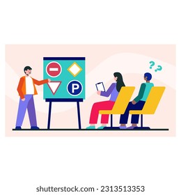 Group lessons at driving school. Students study theoretical material. Teacher talks about main road signs and traffic rules. Students ask questions. Vector illustration