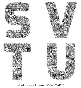 Group of  letters, vector illustration, doodle sketchy style.