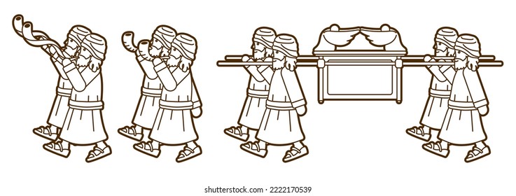 Group of Levi Carrying Ark of the Covenant and  Blowing the Shofar Cartoon Graphic Vector