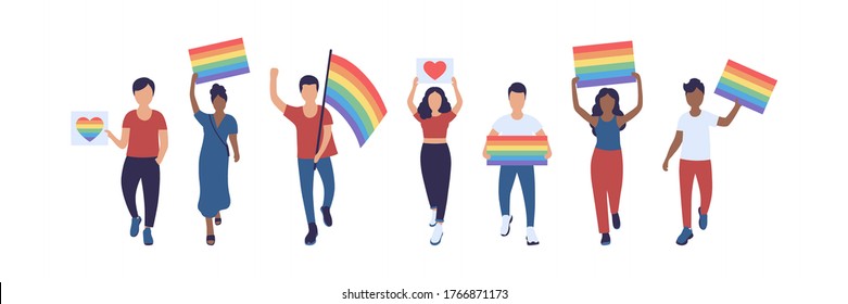 Group of LGBT activists in parade. Vector illustration in flat style