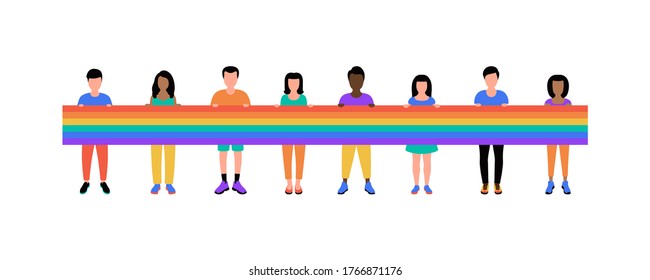 Group of LGBT activists in parade. Vector illustration in flat style