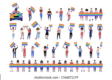 Group of LGBT activists in parade. Vector illustration in flat style