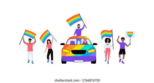 Grupo de activistas LGBT en desfile. Ilustración vectorial en estilo plano