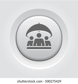 Group Life Insurance Icon. Grey Button Design. Isolated Illustration. A group of people under the umbrella.